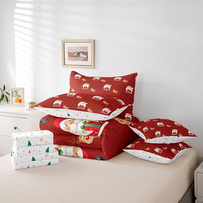 Santa Claus Bed Set Christmas Deer Bed in a Bag for Kids Boys Girls Winter Snowflake Comforter Set with Sheets Merry Christmas Khaki Red Bedding Set Bedroom Collection King Size