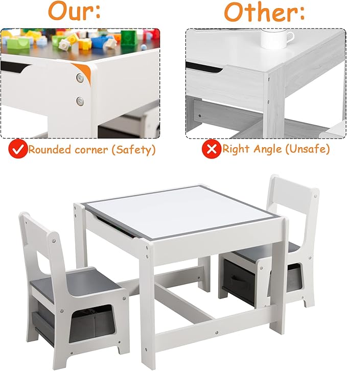 Kids Table and Chair Set, 3 in 1 Wooden Activity Table with Storage Drawer for Toddlers Drawing, Reading, Crafts, 2 in 1 Detachable Tabletop Table Set for Nursery, Playroom (Gray)