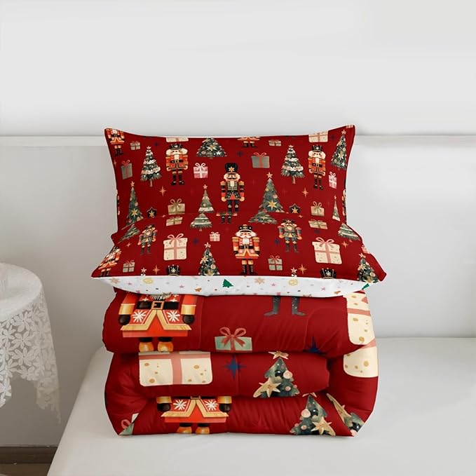 jejeloiu Xmas Nutcracker Comforter Set King Size Christmas Red Bedding Set for Kids Boys Girls Cute Snowflakes Duvet Quilt Bedroom Decor