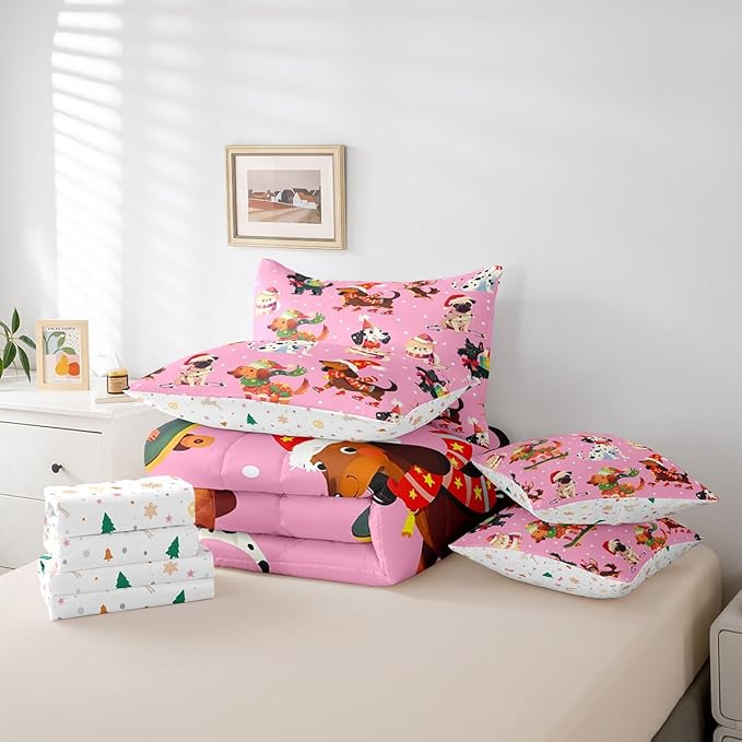 Feelyou Xmas Dog Bedding Set Cute Dog Christmas Style Comforter Set with Sheets 3D Animal Bed in a Bag for Boys Girls Children Teens Bedroom Decor Pink Bed Set 7Pcs King Size
