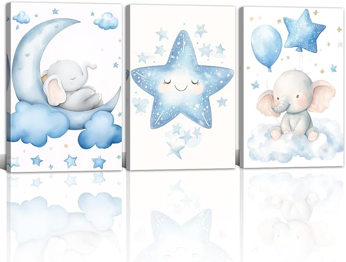 Nursery Wall Art Baby Boy Wall Decor Blue Elephant Moon and Stars Painting Prints Cute Animal Canvas Poster for Kids Room Decor Framed(Baby-2,12L x 16W x 3Pcs)