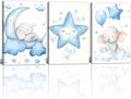 Nursery Wall Art Baby Boy Wall Decor Blue Elephant Moon and Stars Painting Prints Cute Animal Canvas Poster for Kids Room Decor Framed(Baby-2,24L x 36W x 3Pcs)