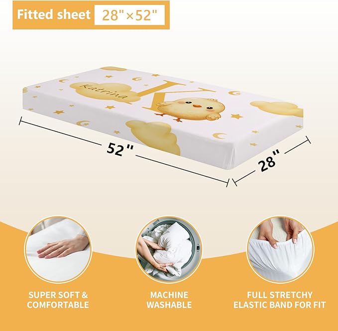 Personalized Crib Bedding Set, 5 Pcs Custom Nursery Bedding Sets with Name, Infant Bedding Set for Baby Girl Boy, Yellow Chick Double Layer Baby Crib Set, Toddlers Babies Kids Customized Gifts