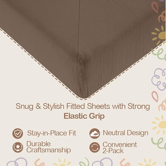 Mère & Moi Muslin Fitted Crib Sheets – 100% Cotton, Ultra-Soft & Breathable Baby Bedding for Standard Crib & Toddler Mattress (28” x 52”) - 2 Pack (Brown and Cream)