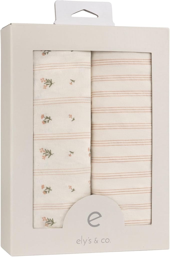 Ely's & Co. Crib Sheets, Baby Girl Fitted Crib Mattress Sheet Set, 2 Pack, 100% Jersey Knit Cotton, Infant and Toddler Nursery Bedding, 28” x 52” Pink Linear Floral Collection