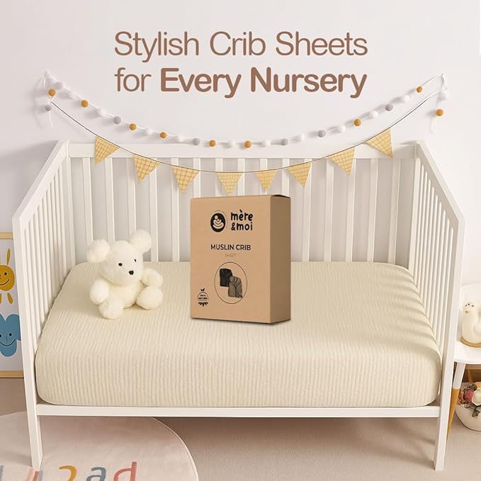 Mère & Moi Muslin Fitted Crib Sheets – 100% Cotton, Ultra-Soft & Breathable Baby Bedding for Standard Crib & Toddler Mattress (28” x 52”) - 2 Pack (Pink and Cream)