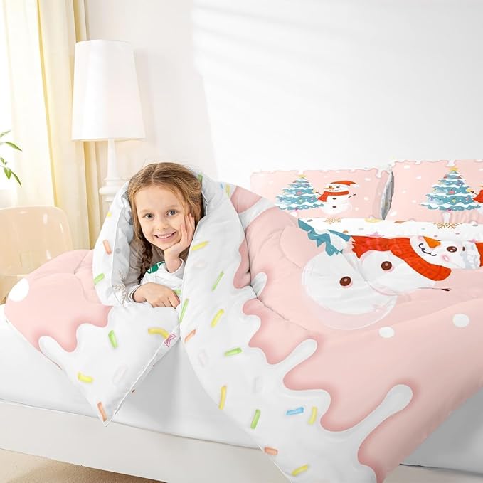 Castle Fairy Cartoon Christmas Comforter Set Toddler Size with 1 Pillowcase,Xmas Cute Snowman Pine Trees Kawaii Pink Bedding Set for Kids Girls Women,Dessert Cream Candy Girly Funny Quilted Set