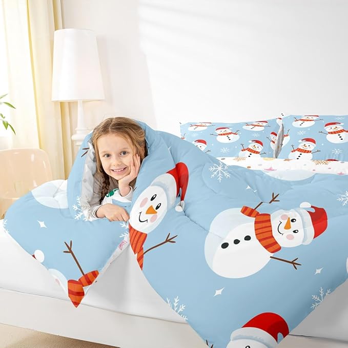 Feelyou Merry Christmas Bedding Set Soft for Boys Girls, Snowman Comforter Set Queen Size Snowflake Duvet Quilt Microfiber Bedroom Decor 3 Pcs with 2 Pillow Cases