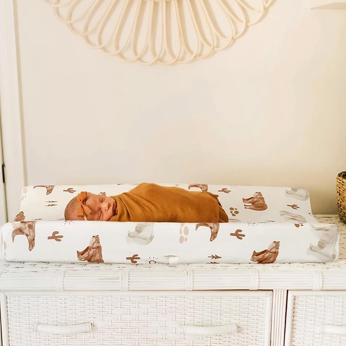GRSSDER Stretch Ultra Soft Jersey Knit Changing Pad Cover Set 2 Pack, Change Table Pad Covers Fit 32"/34" x 16" Pads Safe and Snug, Cute Diaper Changing Pad Covers of Sunny Bear Print