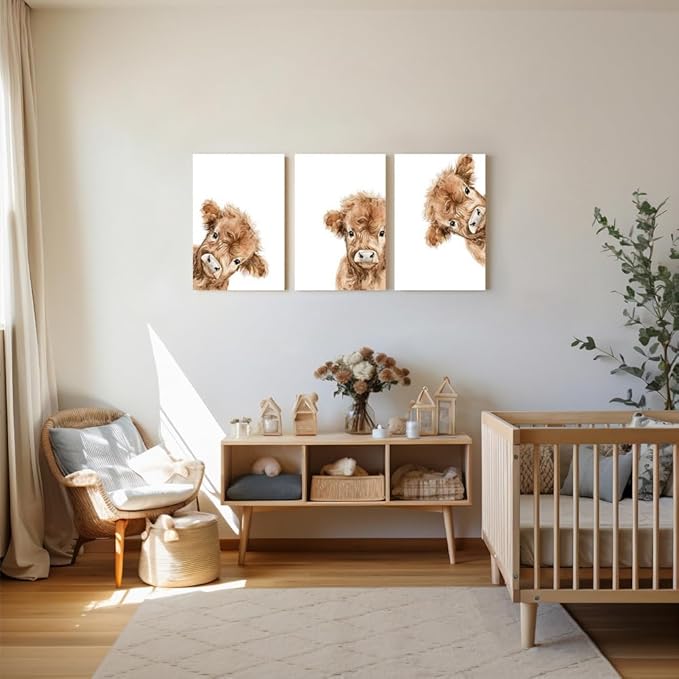 Peeking Cow Nursery Wall Art, Cute Highland Cow Print, 3 Piece Watercolor Baby Animal Nursery Wall Decor, Farmhouse Picture for Baby Boy Girl Room Decor, Framed Canvas Set, 16"x24"x3