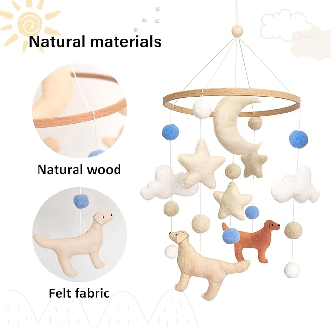 Dog Baby Mobile, Mobile for Crib, Crib Mobile for Boys and Girls, Nursery Mobile for Bassinet, Pack and Play, Dog, Moon, Cloud, Star, Blue Felt Ball