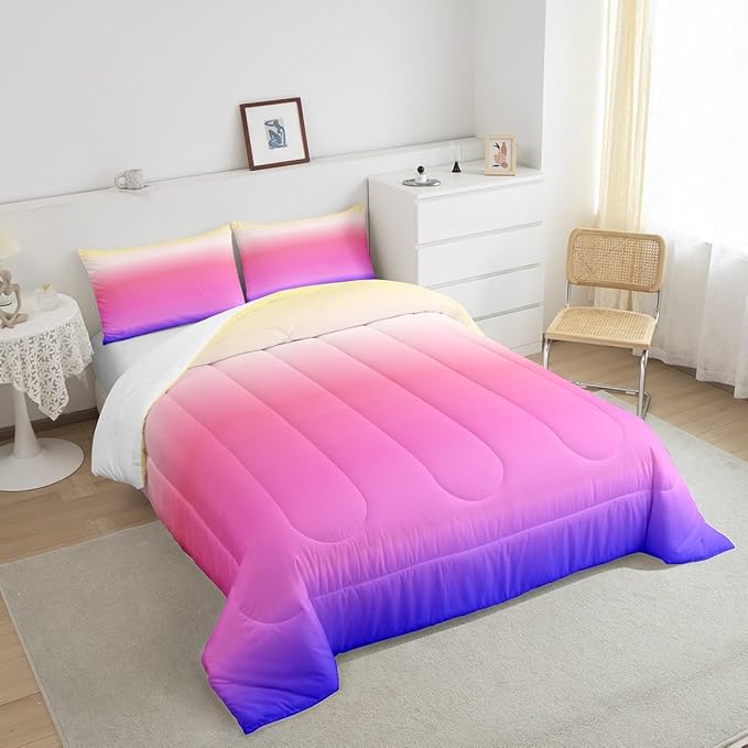 Ombre Comforter Set Full - Pink Purple Rainbow Bedding for Boys Girls, Colorful Gradient Duvet Set, Decorative 3Pcs