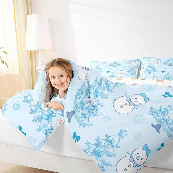 Feelyou Merry Christmas Comforter Set Toddler Size Cute Snowman Bedding Set for Kids Boys Girls Cartoon Bowknot Duvet Quilt Christmas Tree Microfiber 2 Pcs with 1 Pillow Cases