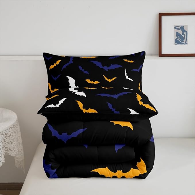 Erosebridal Bat Comforter Set Toddler Size for Kids Boys Happy Halloween Decor Quilt with 1 Pillow Case Bats Animal Silhouette Bedding Set Gothic Spooky White Duvet Insert,Orange