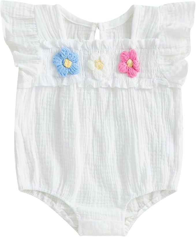 Gaono Newborn Baby Girl Smocked Bubble Romper Cute Boho Summer Clothes Ruffle Sleeveless Crochet Flower Vintage Bodysuit