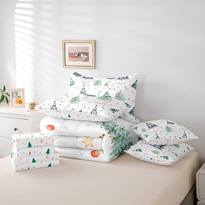 Feelyou Christmas Bed Set Xmas Tree Comforter Set with Sheets Snowflake Watercolor Blue Bed in a Bag for Kids Boys Girls Room Decor New Year Theme Bedding Set Bedroom Collection Queen Size