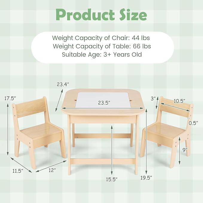 INFANS Kids Table and Chair Set, 3 in 1 Wooden Activity Table with Removable Tabletop, Blackboard and Whiteboard for Toddlers Arts Crafts Drawing Reading Playing, Playroom Nursery (Natural)