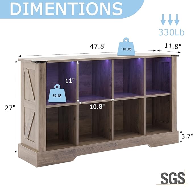 8 Cube Storage Organizer, Wood Cube Bookshelf with LED Lights, Horizontal Storage Cubes, Kids Bookshelf, Display Cabinet Cubby Shelf for Living Room Home Office Bedroom, Grey