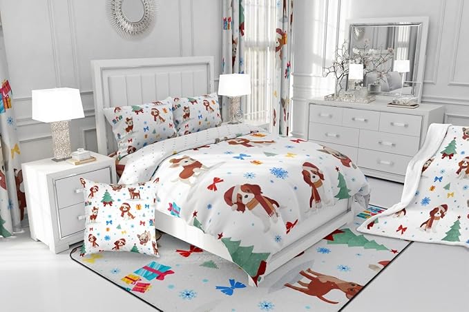 Feelyou Christmas Puppy Comforter Set All Season Festive Pet Bedding Set with 2 Pillow Cases Cute Dog Kids Full Bedclothes Xmas Tree Snowflake Bedroom Decor Duvet Quilt Breathable Soft Lightweight