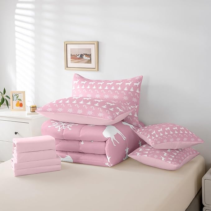 Erosebridal Christmas Full Bedding Set 7 Piece,Xmas Elk Deer Bed in A Bag,Candy Snowflake Comforter Set Pine Tree Woodland Animals Sheet Set with Comforter,Pink Christmas Decoration