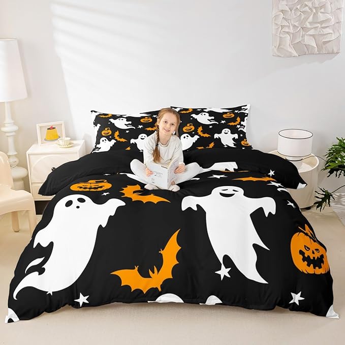 Halloween Bedding Duvet Cover Set Kids Cartoon Ghost Pumpkin Lantern Bedding Set Kids Trick or Treat Decor Comforter Cover Set Microfiber Bat Galaxy Night Bedspread Cover Bedroom Bedclothes Queen Size