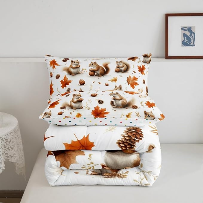 Feelyou Boys Girls Fall Autumn Duvet Cover Queen Size, Cute Squirrel Comforter Set Cartoon Animal Comforter Cover Kids Maple Leaf Teens Bedspread Cover Bedroom Decor Bed Set 3Pcs