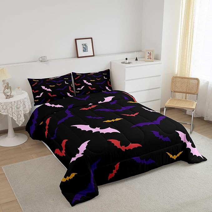 Erosebridal Bat Bedding Set Twin Size for Kids Children Happy Halloween Comforter Set Flying Bat Quilt Gothic Spooky Down Comforter with 1 Pillow Case,Purple and Pink