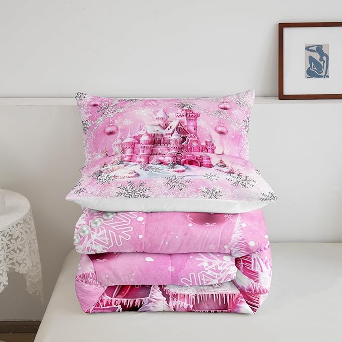 Pink Castle Comforter Set Twin Size,Cartoon Fairy Tale Theme Watercolor Bedding Set for Kids Boys Men,Christmas Winter Silver Snowflakes Quilted Duvet Set with 1 Pillowcase