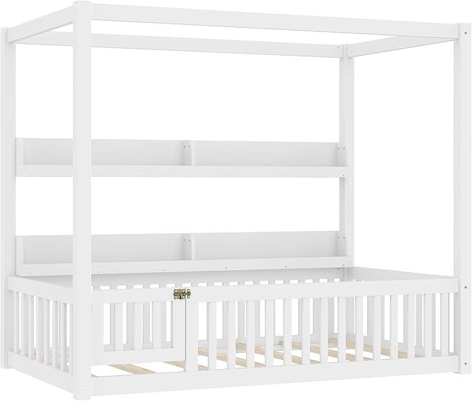 Polibi Twin Size Montessori Floor Bed with Guardrails, Low Profile Solid Wood Canopy Frame with Built-in Shelves, No Box Spring Needed, for Kids, White