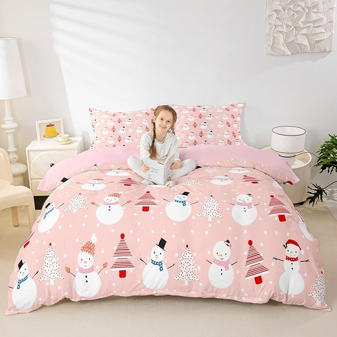 Christmas Duvet Cover Cartoon Snowman Christmas Tree Bedding Set Snowflake Comforter Cover for Boys Girls Children Teens Bedroom Decor Pink Xmas Theme Bedspread Cover Full Size with 2 Pillow Case