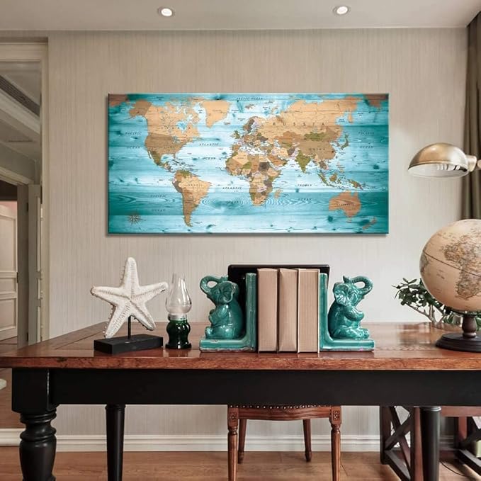Large Wall Art Blue map of The World Painting Ready to Hang 20"x40"Large Framed Wall Art World Map Canvas Map Decorations Artwork Prints