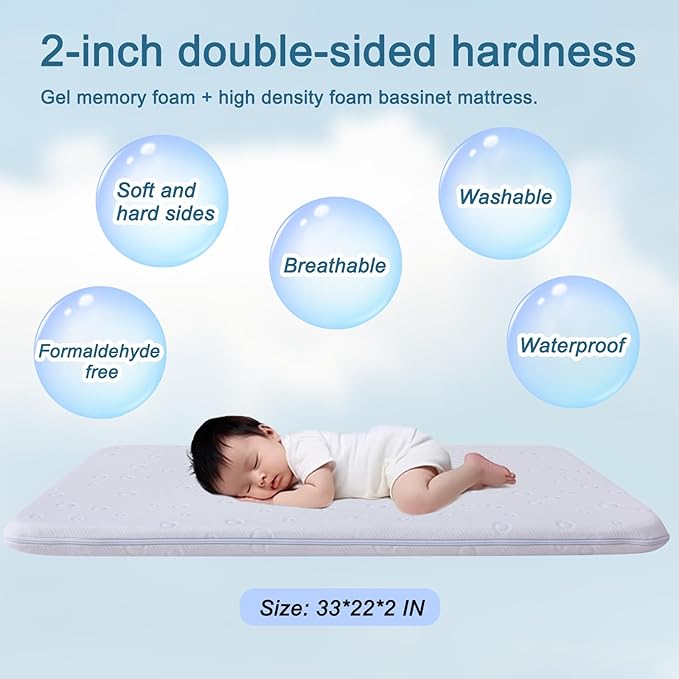 Baby Bassinet Mattress, 26" x 12" x 2" Dual Sided Gel Memory Foam Mattress with Breathable Removable Soft Cover Fit for The Bassinet Comes with Pack and Play