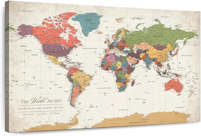 ElephantStock - Personalized World Awaits II Push Pin World Map Wall Art - Horizontal Canvas Wall Art - Living Room Wall Decor - Digital Art Map Canvas Art - Green And Beige Decor - 45" x 30"