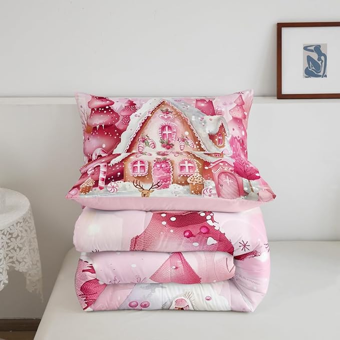 jejeloiu Kids Christmas Theme Comforter Set Full Size Pink Xmas Candy Cane House Bedding Set for Boys Girls Teens Cute Cartoon Deer Winter Animal Happy New Year Duvet Quilt Room Decor