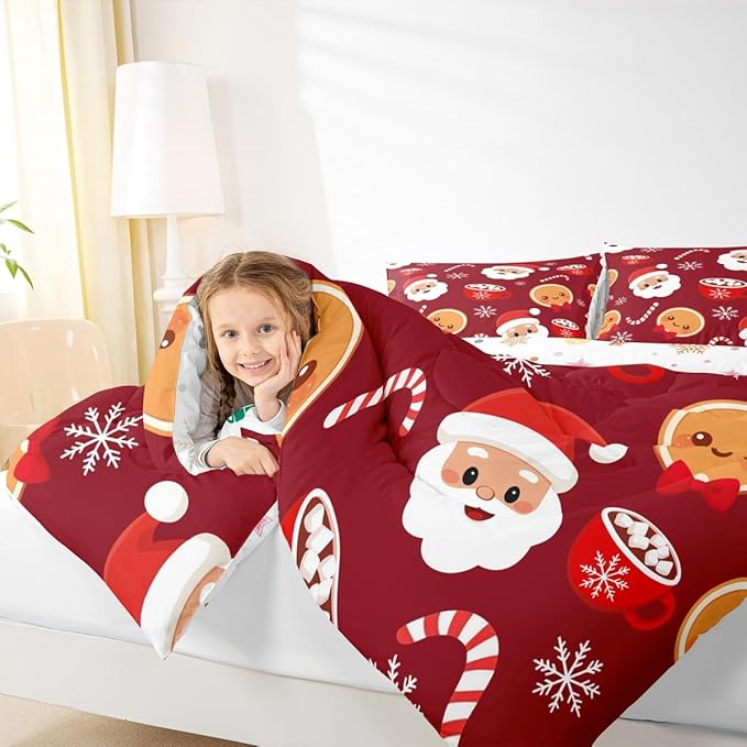 Feelyou Merry Christmas Comforter Set Toddler Size Santa Claus Bedding Set for Kids Boys Girls Gingerbread Man Duvet Quilt Snowflake Bedroom Decor Microfiber 2 Pcs with 1 Pillow Cases
