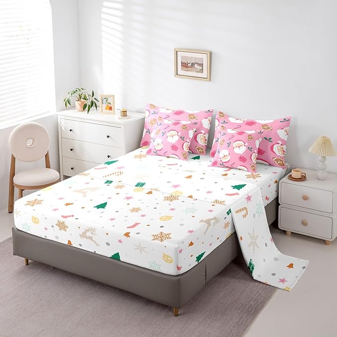 Christmas Gingerbread Man Kids Bedding Set Cartoon Christmas Santa Claus Comforter Set with Sheets for Boys Children Decor Pink Bed in a Bag New Year Bed Set 7Pcs Queen Size