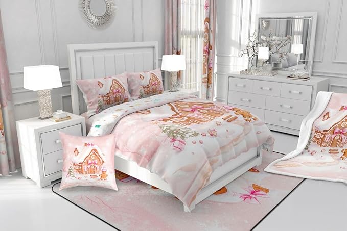 Feelyou Gingerbread House Kids Comforter Set Twin Size Gingerbread Man Bedding Set Christmas Tree Duvet Quilt for Kids Boys Girls Bedroom Pink Bow Decor Snowflake Microfiber Ultra Soft Breathable