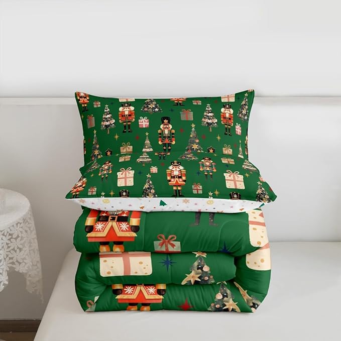 jejeloiu Xmas Nutcracker Comforter Set Queen Size Christmas Green Bedding Set for Kids Boys Girls Cute Snowflakes Duvet Quilt Bedroom Decor