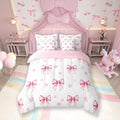7 Pieces Pink Bow Princess Comforter Queen,Bowknot Geometric Dots Toddler Bedding Set,Butterfly Knot Bow Tie Romantic White Simple（Comforter+Fitted+Flat Sheet+2 Pillowcases+2 Throw Pillow Covers）