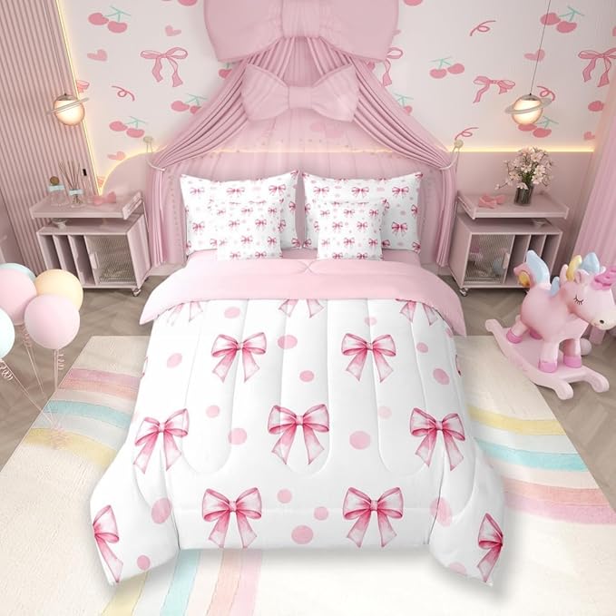 7 Pieces Pink Bow Princess Comforter Queen,Bowknot Geometric Dots Toddler Bedding Set,Butterfly Knot Bow Tie Romantic White Simple（Comforter+Fitted+Flat Sheet+2 Pillowcases+2 Throw Pillow Covers）