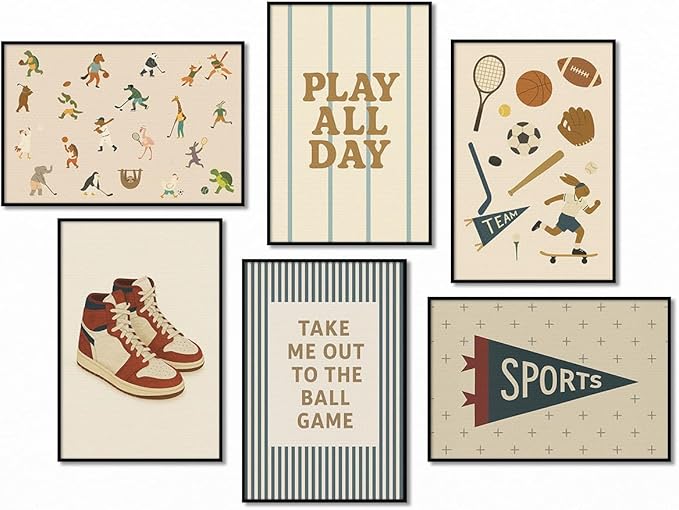 Sports Posters for Boys Bedroom, Boy Nursery Canvas Wall Art, Cute Animal Athletes & Sports Equipment Pictures, Charming Quotes Take Me Out To The Ball Game Play All Day Print 8x12in Framed