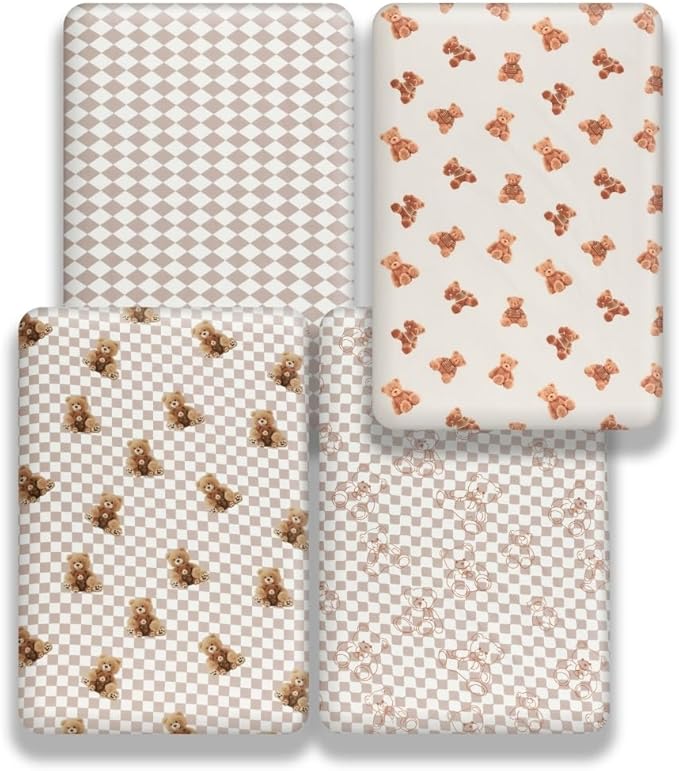 Fitted Baby Neutral Crib Sheets Bear and Buffalo Check Plaid Breathable Unisex Baby Standard Crib Sheet Set for Boys or Girls