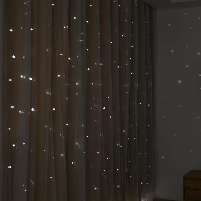 Kinryb Kids Blackout Curtains for Bedroom/Living Room/Classroom, Sheer Overlay 72 Inches 2 Panel Set, Double Layer Curtains with Star Cutout for Kids Room(W 52 x L 72 Inches,Beige 2 Pcs)