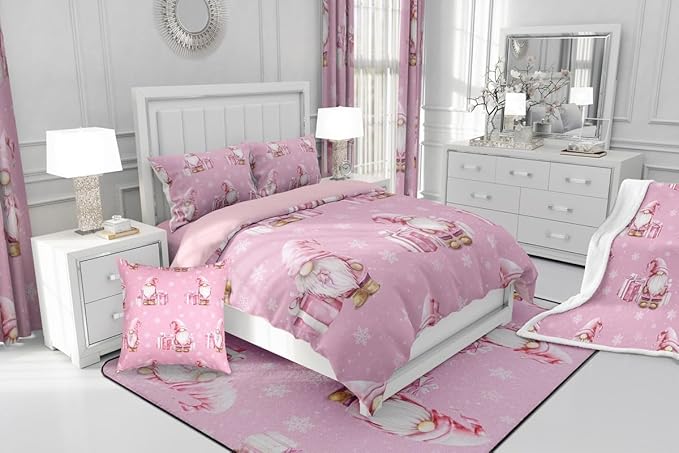 Feelyou Pink Christmas Bedding Set Soft for Boys Girls, Scandinavian Christmas Santa Gnomes Comforter Set King Size Xmas Snowflake Duvet Quilt Bedroom Decor 3 Pcs with 2 Pillow Cases