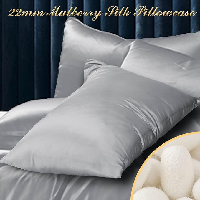 100% Mulberry Silk Pillowcase 2 Pack for Hair and Skin,with Hidden Zipper,Both Sides 22 Momme Natural Silk Pillow Cover,Soft Breathable & Smooth (Gray, Standard)