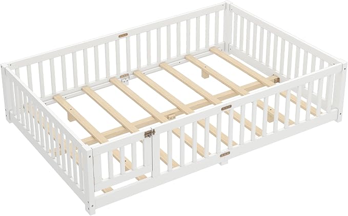 Bellemave Queen Size Floor Bed with Rails for Kids, Girls, Boys, Pine,Plywood Floor Bed with slats and Door, White