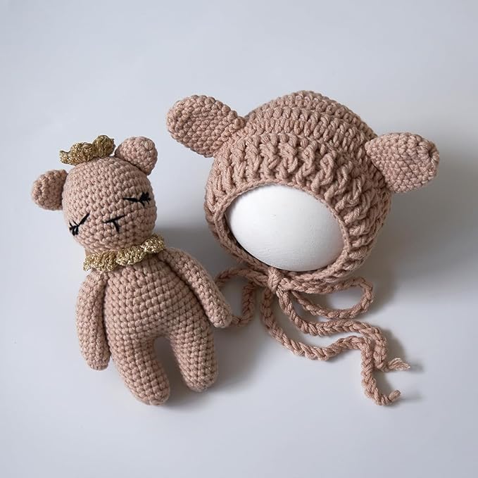 Zeroest Newborn Photography Outfits Boy Girl Bear Props Baby Photoshoot Crochet Bonnet Stuffed Animals for Newborn Photo