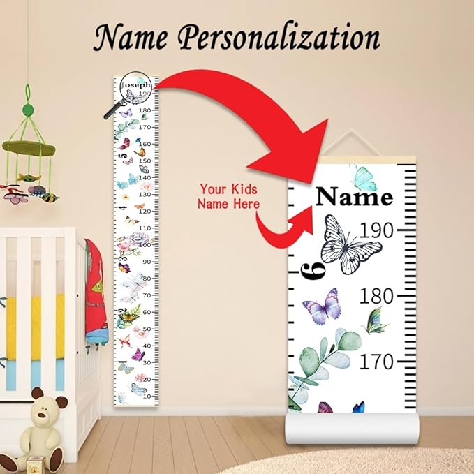 Personalized Growth Chart for Kids, Baby Height Chart with Custom Name, 77"x7.9" Canvas & Beige Wood Height Measuring Rulers for Boys Girls Removable Wall Ruler Hanging for Nursery Decor - Butterfly