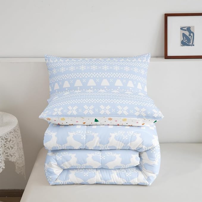 Feelyou Christmas Bedding Set for Kids Boys Girls King Size Xmas Deer Decor Comforter Set Ultra Soft Xmas Snowflake Comforter Winter Duvet Quilt Bedroom Decor Christmas Decorations Quilt