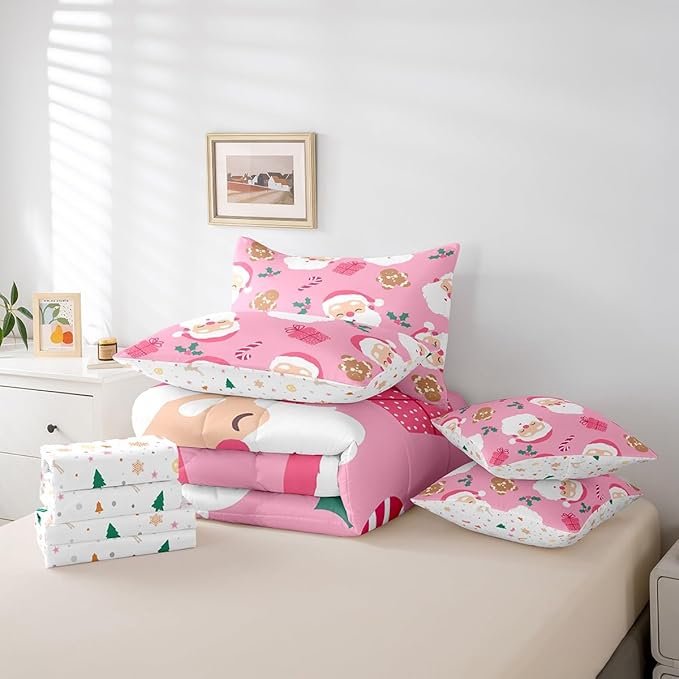 Christmas Gingerbread Man Kids Bedding Set Cartoon Christmas Santa Claus Comforter Set with Sheets for Boys Children Decor Pink Bed in a Bag New Year Bed Set 7Pcs King Size